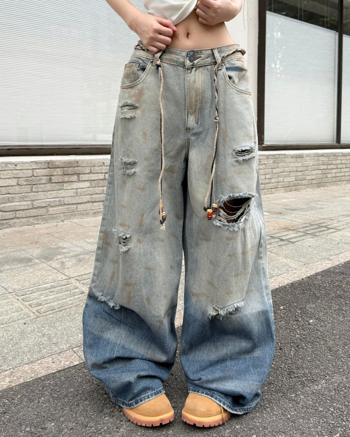 STEP BLOCK MT062 Gradient Distressed Baggy Jeans - Vintage Blue