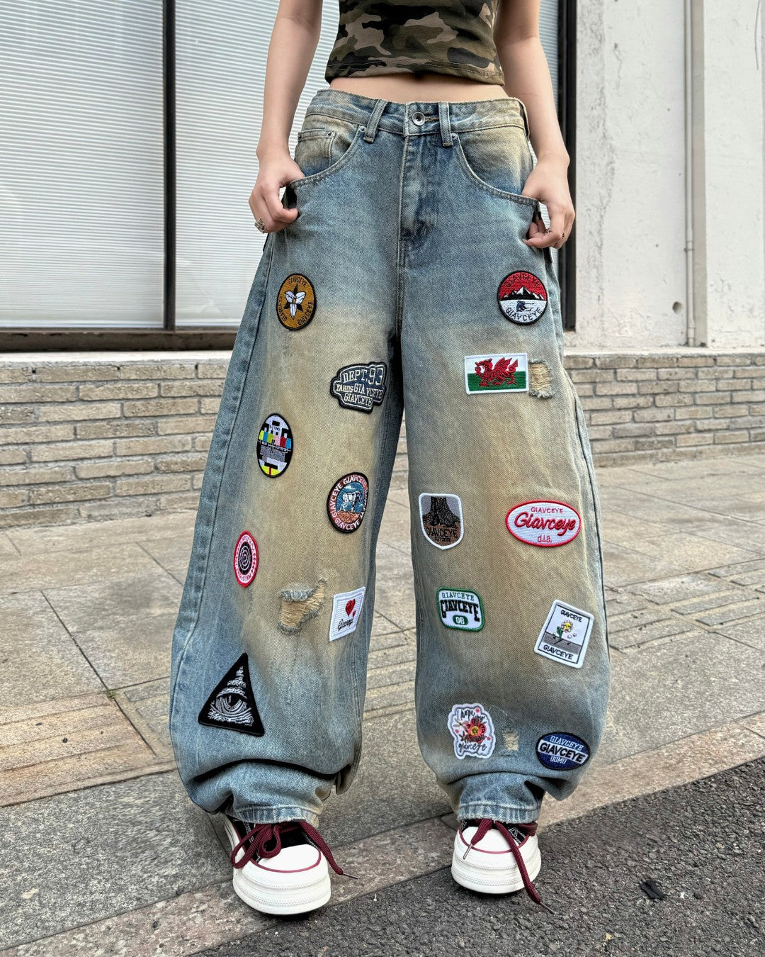 STEP BLOCK MT061 Multi-Badge Patchwork Baggy Jeans - Washed Denim