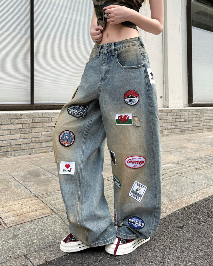 STEP BLOCK MT061 Multi-Badge Patchwork Baggy Jeans - Washed Denim