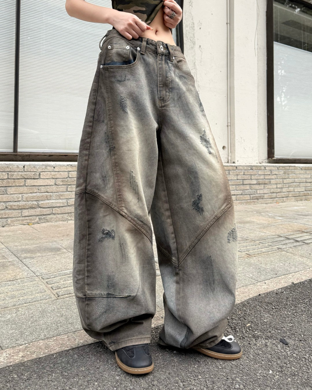 STEP BLOCK MT060 Vintage Washed Grunge Baggy Jeans - Earth Tone