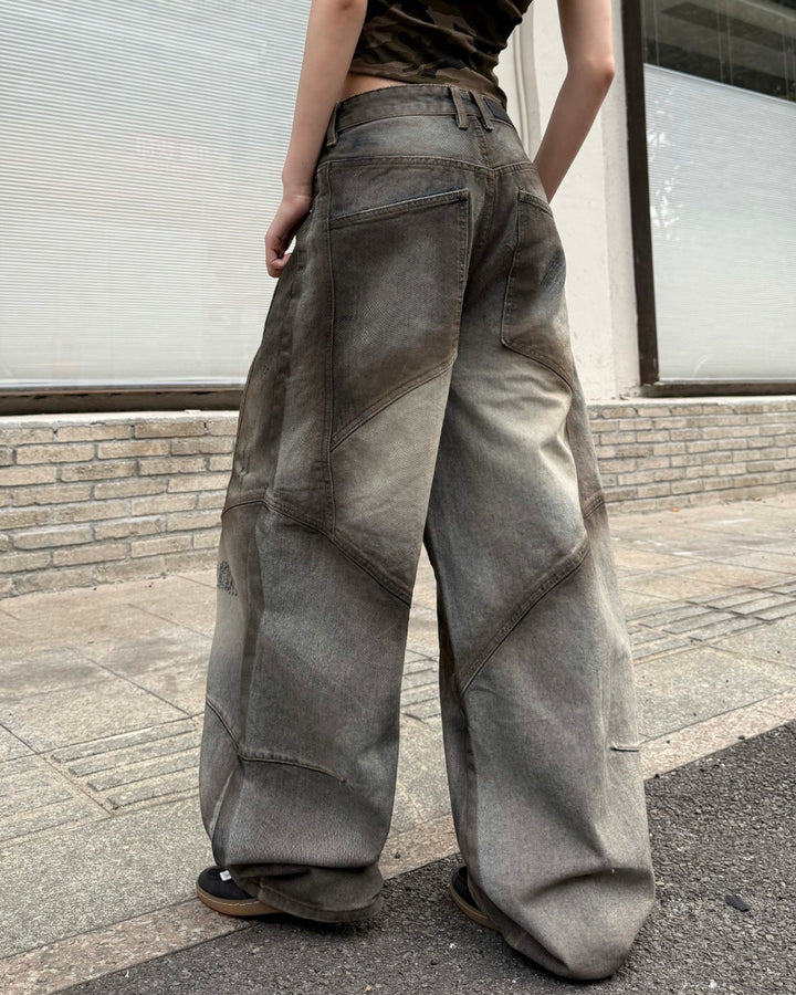 STEP BLOCK MT060 Vintage Washed Grunge Baggy Jeans - Earth Tone