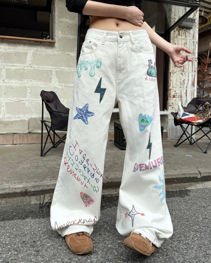 STEP BLOCK MT078 Graffiti Patchwork Baggy Jeans - Aesthetic Streetwear
