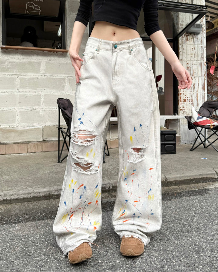 STEP BLOCK MT066 Distressed Graffiti Baggy Jeans - Off-White Denim