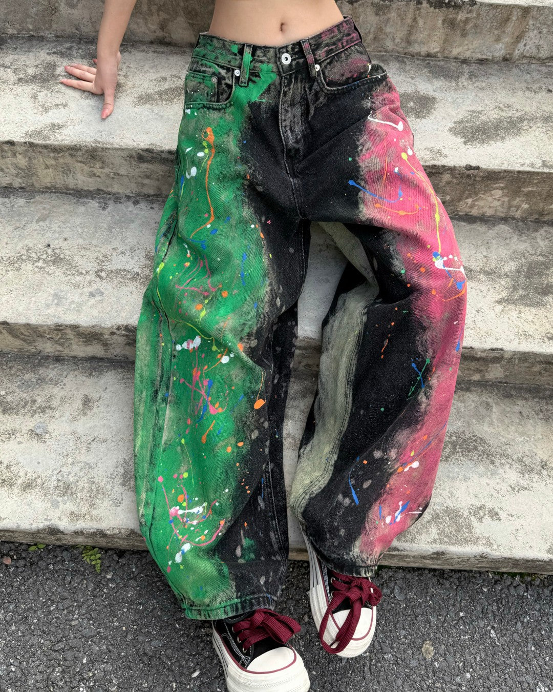 STEP BLOCK MT077 Contrast Split Paint Splatter Baggy Jeans