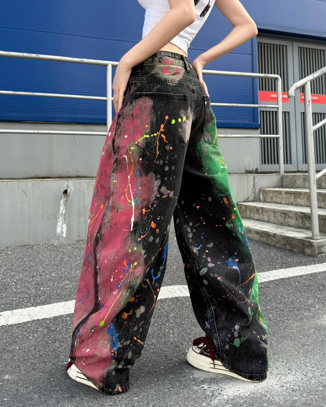 STEP BLOCK MT077 Contrast Split Paint Splatter Baggy Jeans