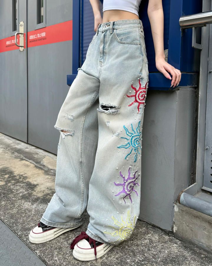 STEP BLOCK MT075 Colorful Star Embroidery Baggy Jeans - Light Wash