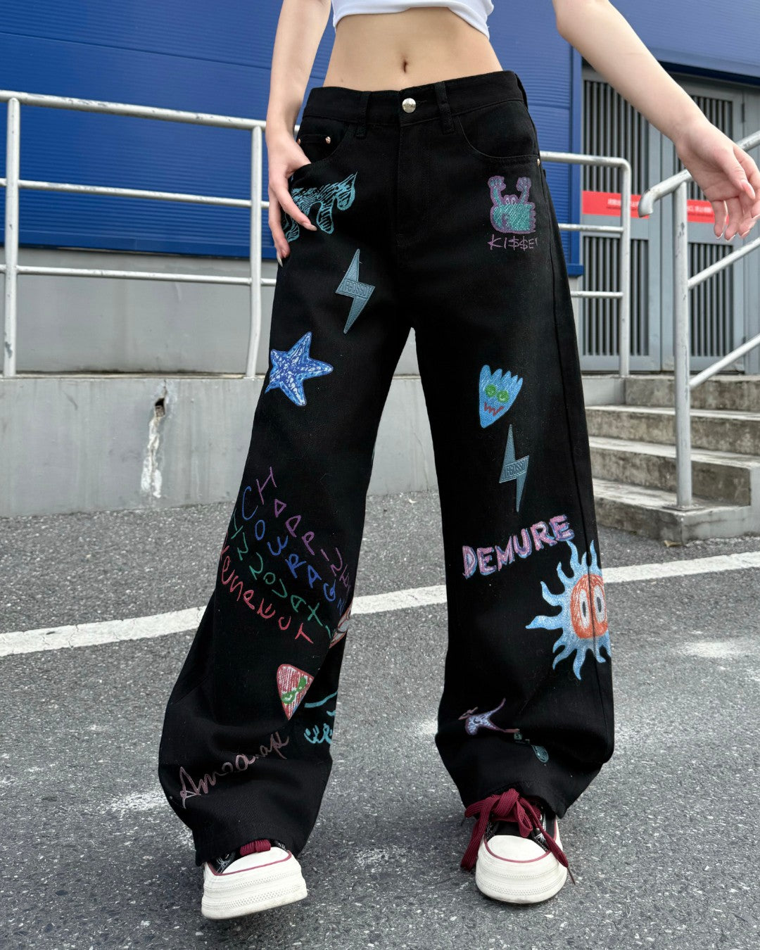 STEP BLOCK MT078 Graffiti Patchwork Baggy Jeans - Aesthetic Streetwear