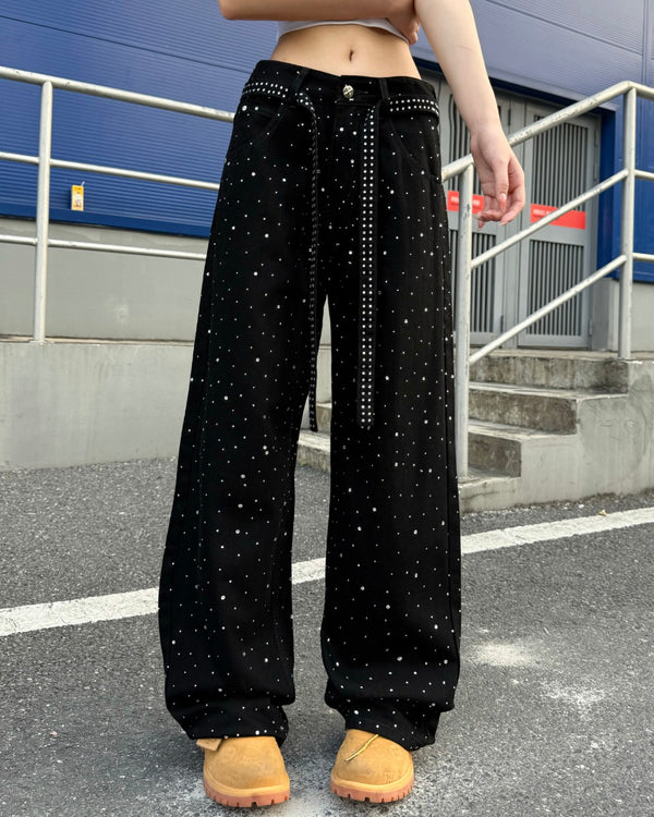 STEP BLOCK MT079 Rhinestone Studded Baggy Jeans - Black Denim
