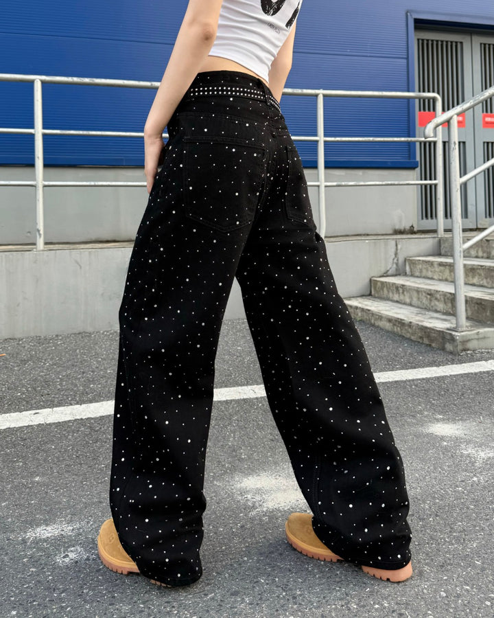 STEP BLOCK MT079 Rhinestone Studded Baggy Jeans - Black Denim
