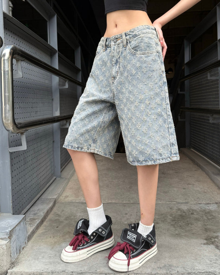STEP BLOCK MK021 Monogram Pattern Denim 5" Shorts - Baggy Fit