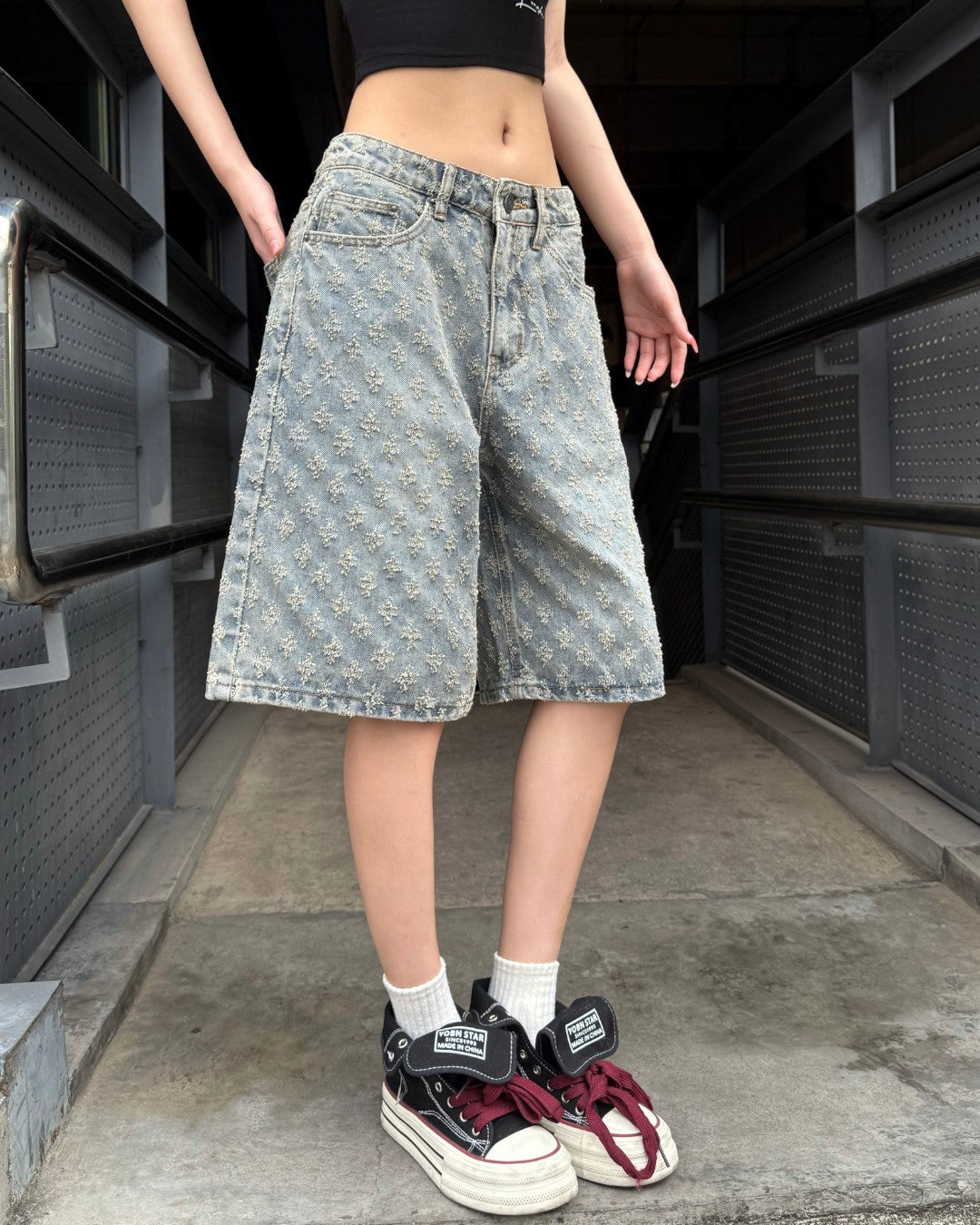 STEP BLOCK MK021 Monogram Pattern Denim 5" Shorts - Baggy Fit
