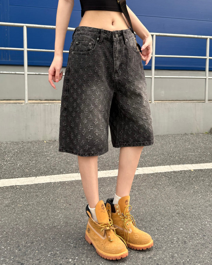 STEP BLOCK MK021 Monogram Pattern Denim 5" Shorts - Baggy Fit