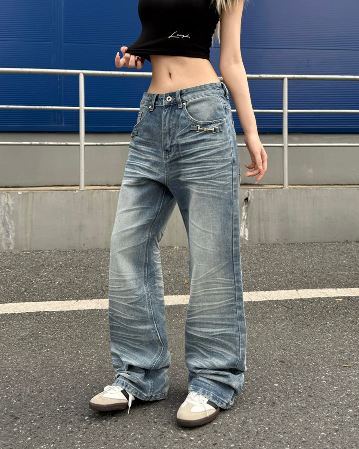 STEP BLOCK MT057 Baggy Stacked Jeans - Vintage Washed Denim