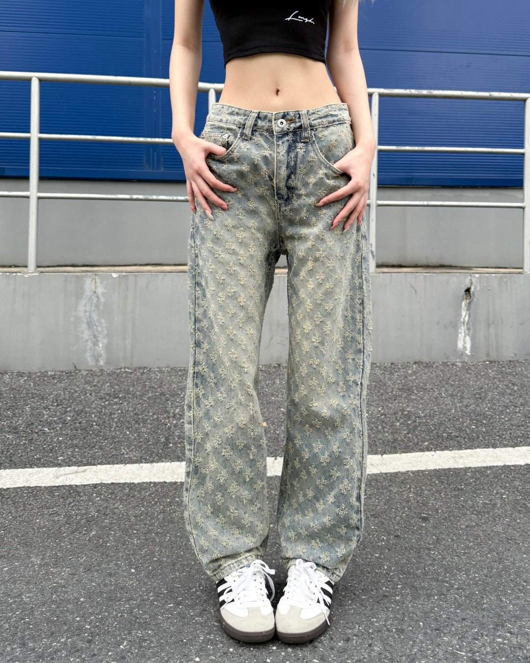 STEP BLOCK MT056 All-Over Pattern Baggy Jeans - Vintage Washed Denim