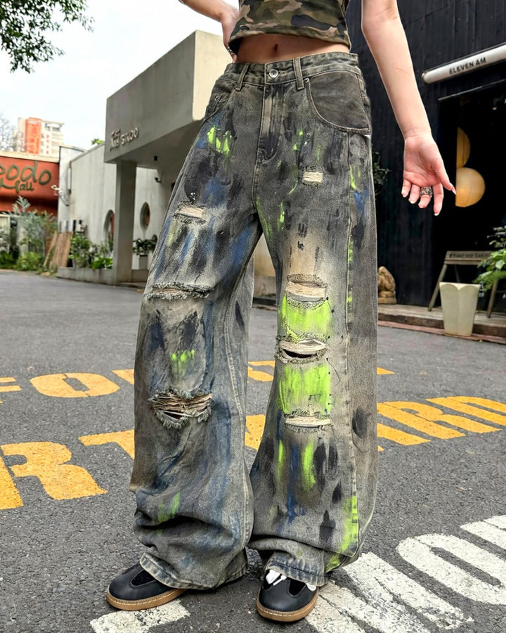 STEP BLOCK MT059 Neon Distressed Baggy Jeans - Washed Denim