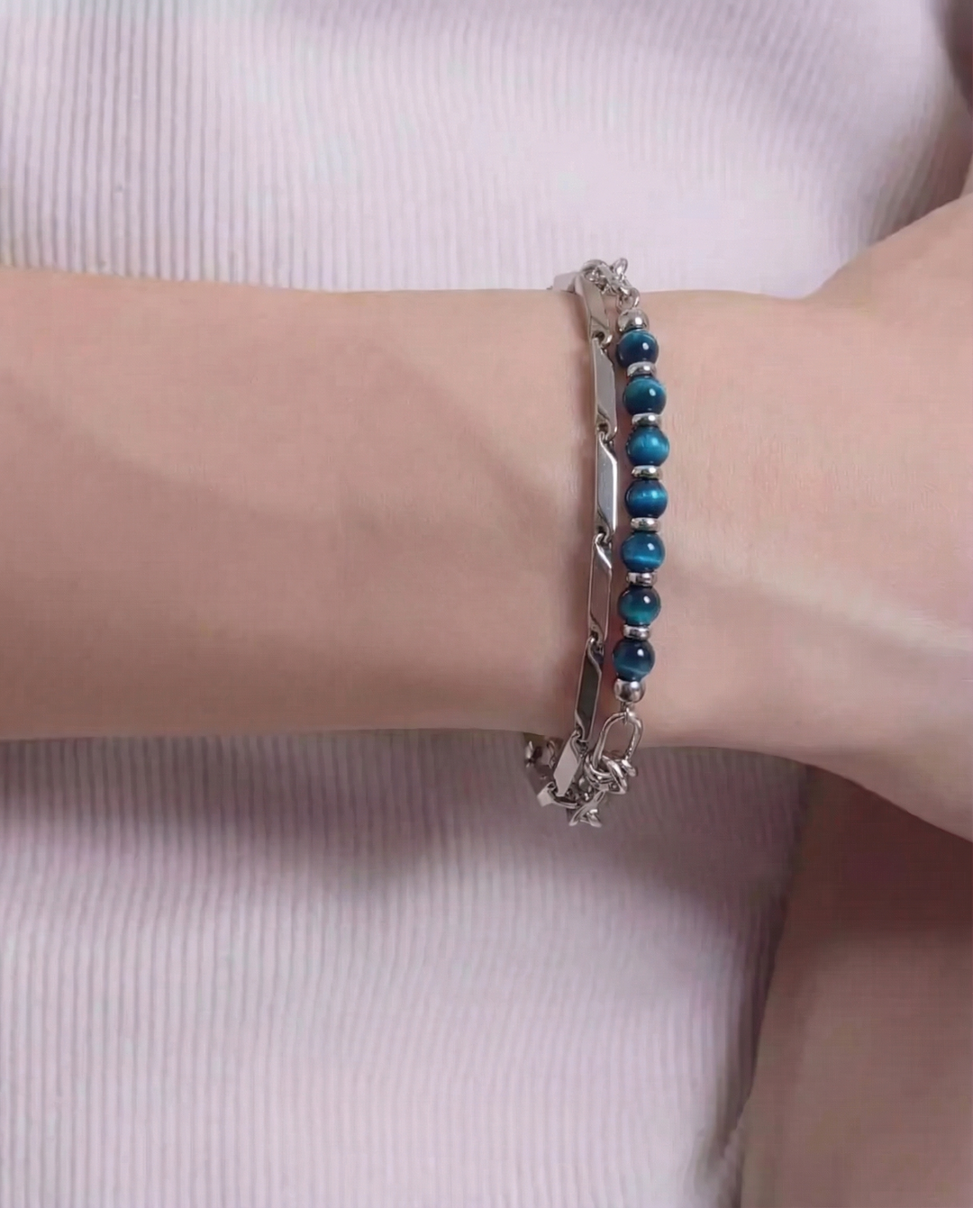 Additional detail view of Multi-style Beaded and Chain Stackable Bracelet Set