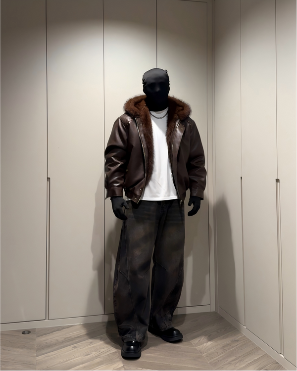 STEP BLOCK ST043 Cropped Shearling Collar Washed Faux Leather Bomber Jacket