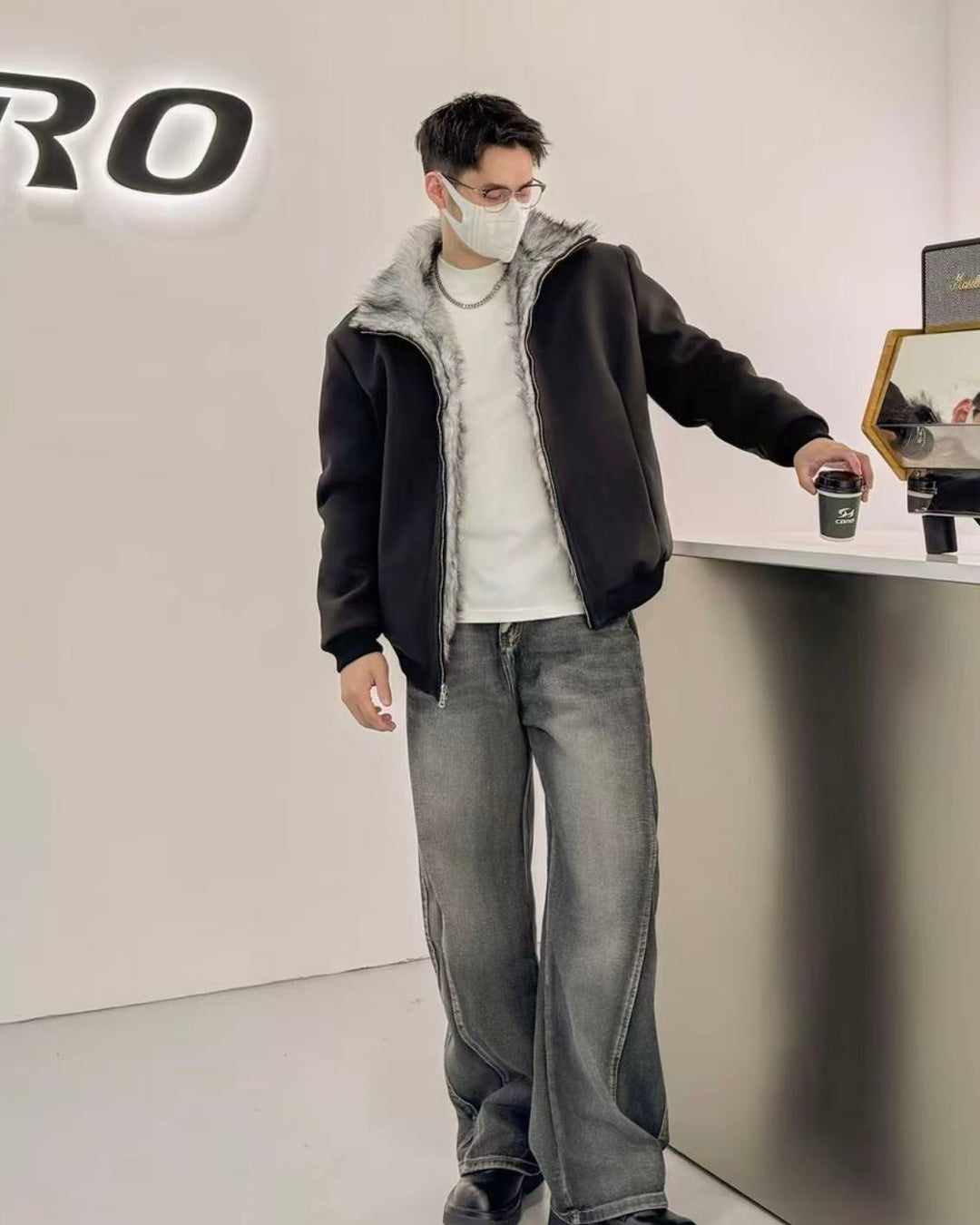 Side view of Reversible Shearling Lined Ribbed Collar Bomber Jacket