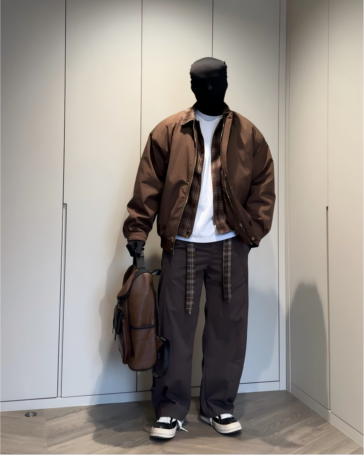 STEP BLOCK ST046 Plaid Lined Shearling Collar Washed Workwear Jacket