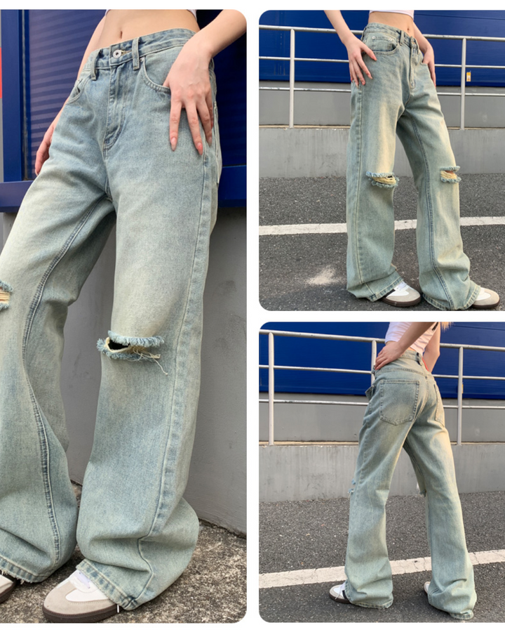 STEP BLOCK MT070 Knee-Distressed Wide Leg Baggy Jeans - Light Wash