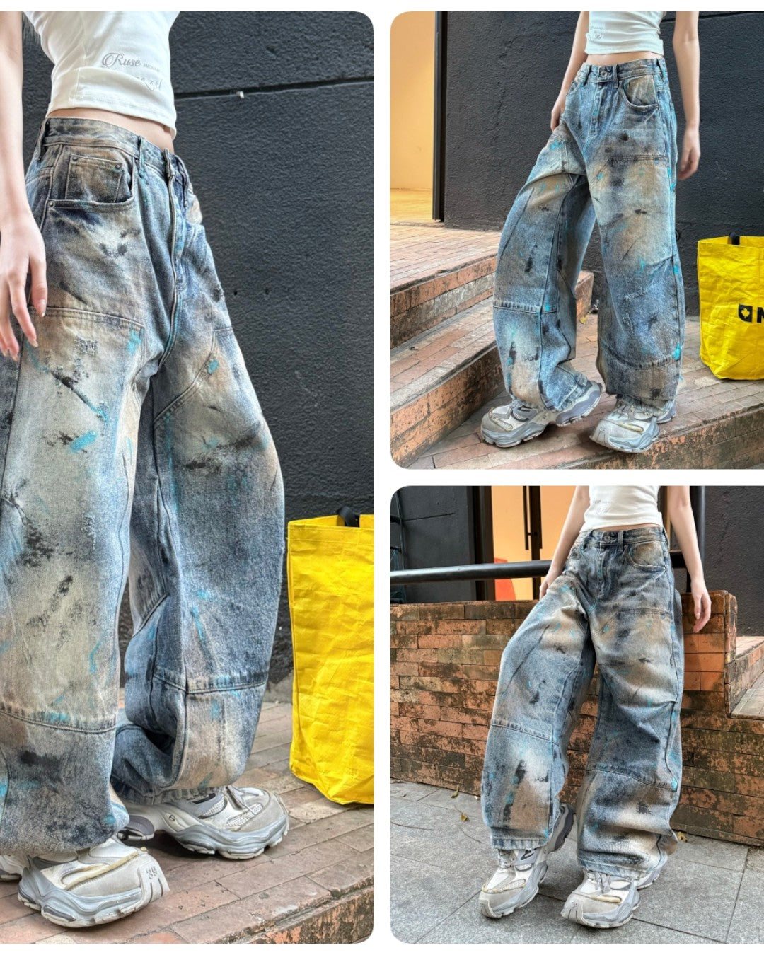 STEP BLOCK MT080 Vintage Oil-Stained Distressed Baggy Jeans