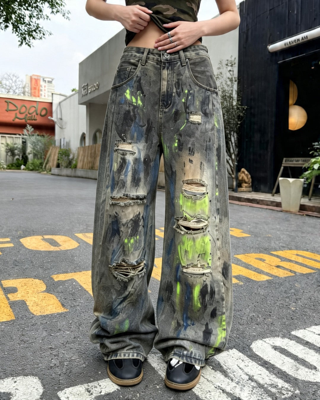 STEP BLOCK MT059 Neon Distressed Baggy Jeans - Washed Denim