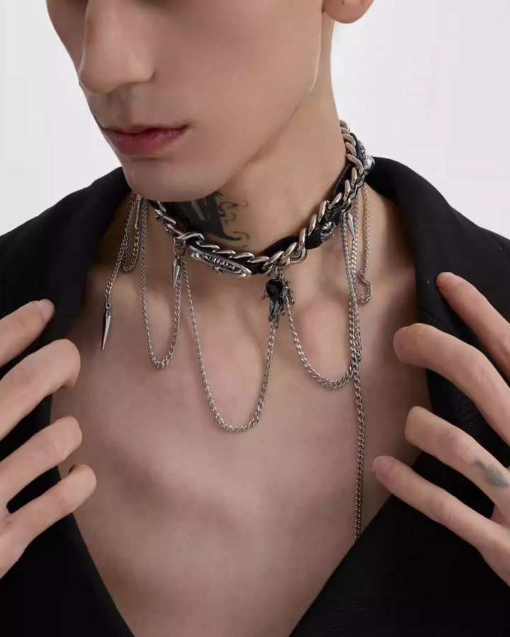 Front detail of Gothic Beaded and Star Statement Necklace Set
