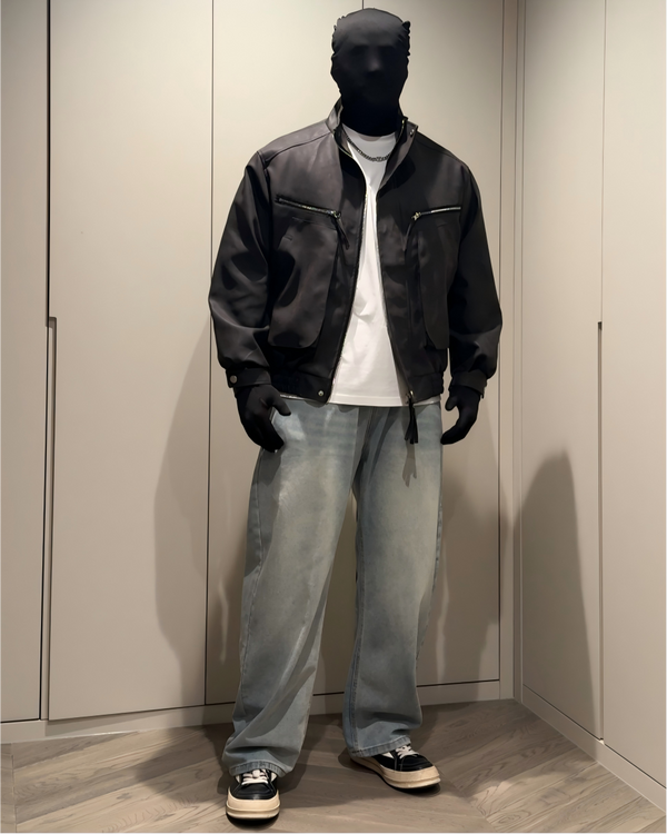 STEP BLOCK ST013 Washed Leather-Look Multi-Zipper Flight Jacket