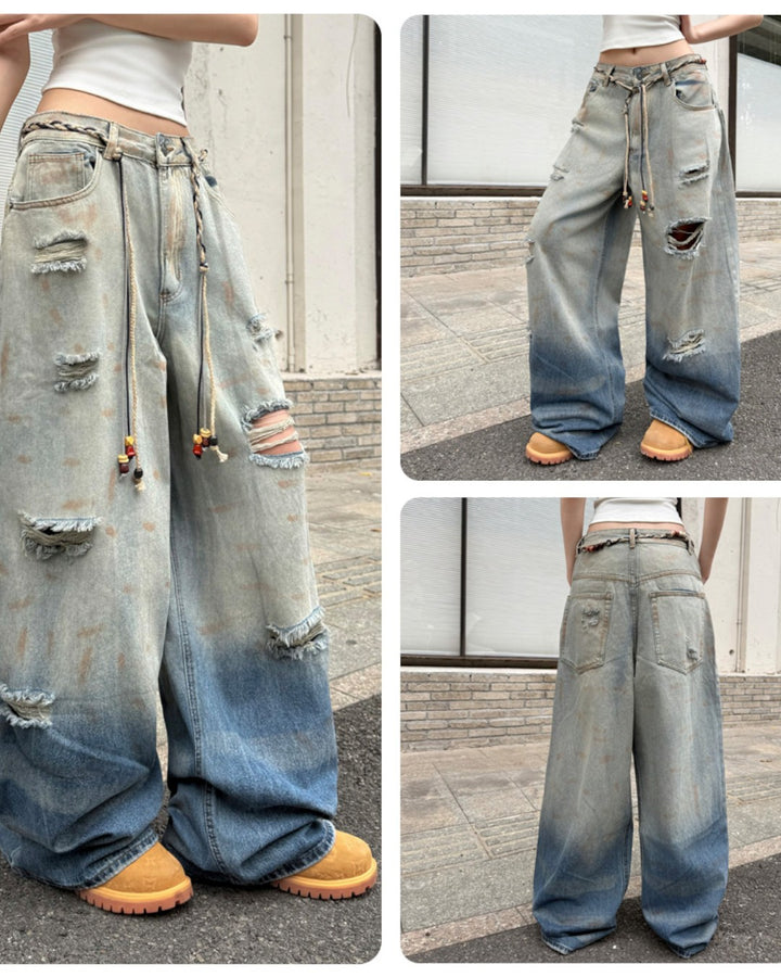 STEP BLOCK MT062 Gradient Distressed Baggy Jeans - Vintage Blue