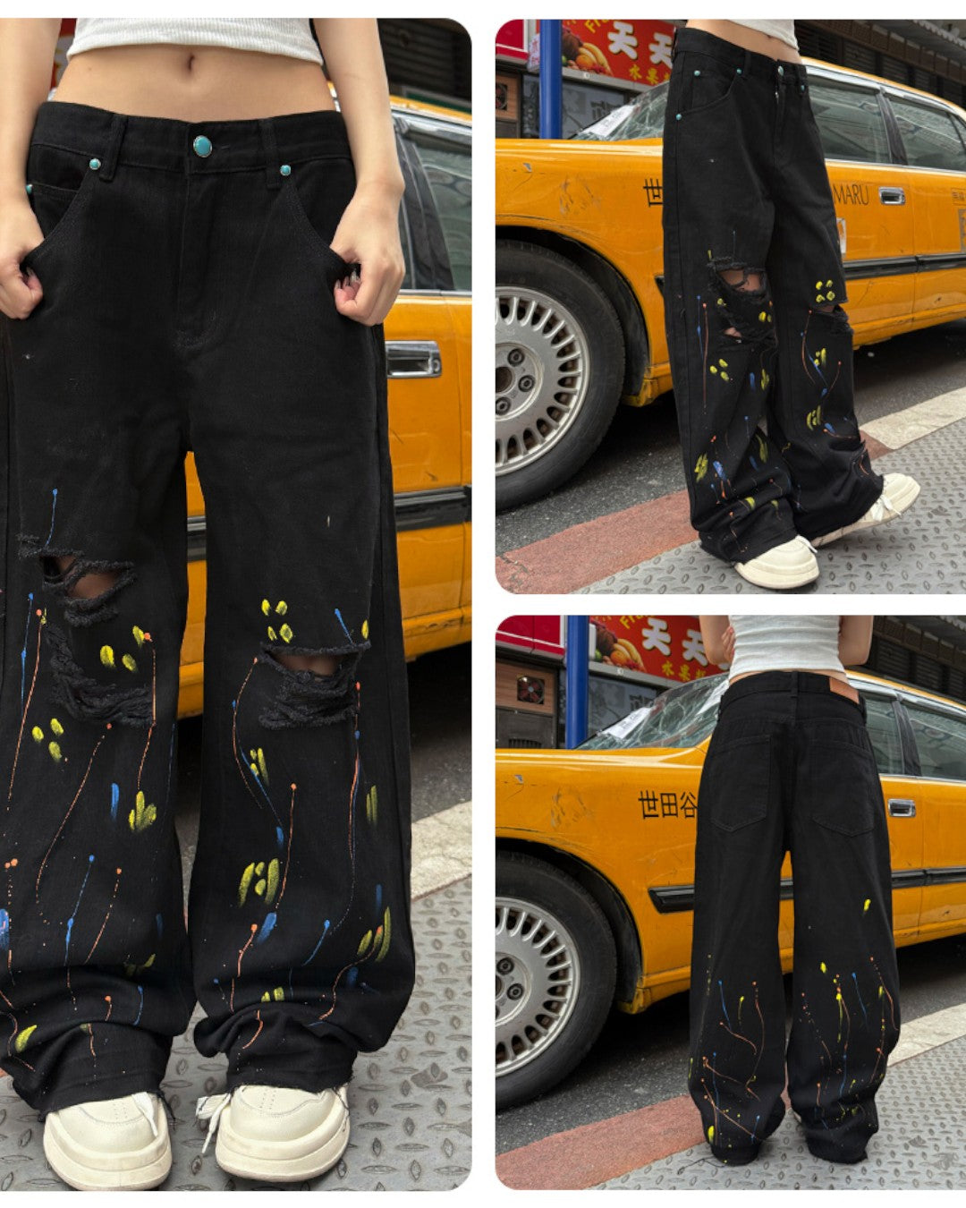 STEP BLOCK MT067 Black Graffiti Distressed Baggy Jeans - Streetwear