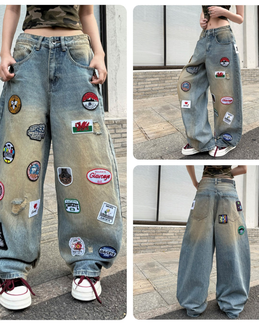 STEP BLOCK MT061 Multi-Badge Patchwork Baggy Jeans - Washed Denim