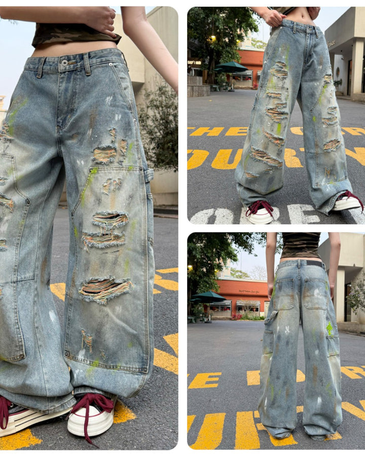 STEP BLOCK MT058 Distressed Baggy Jeans - Vintage Washed Denim with Paint Splatter