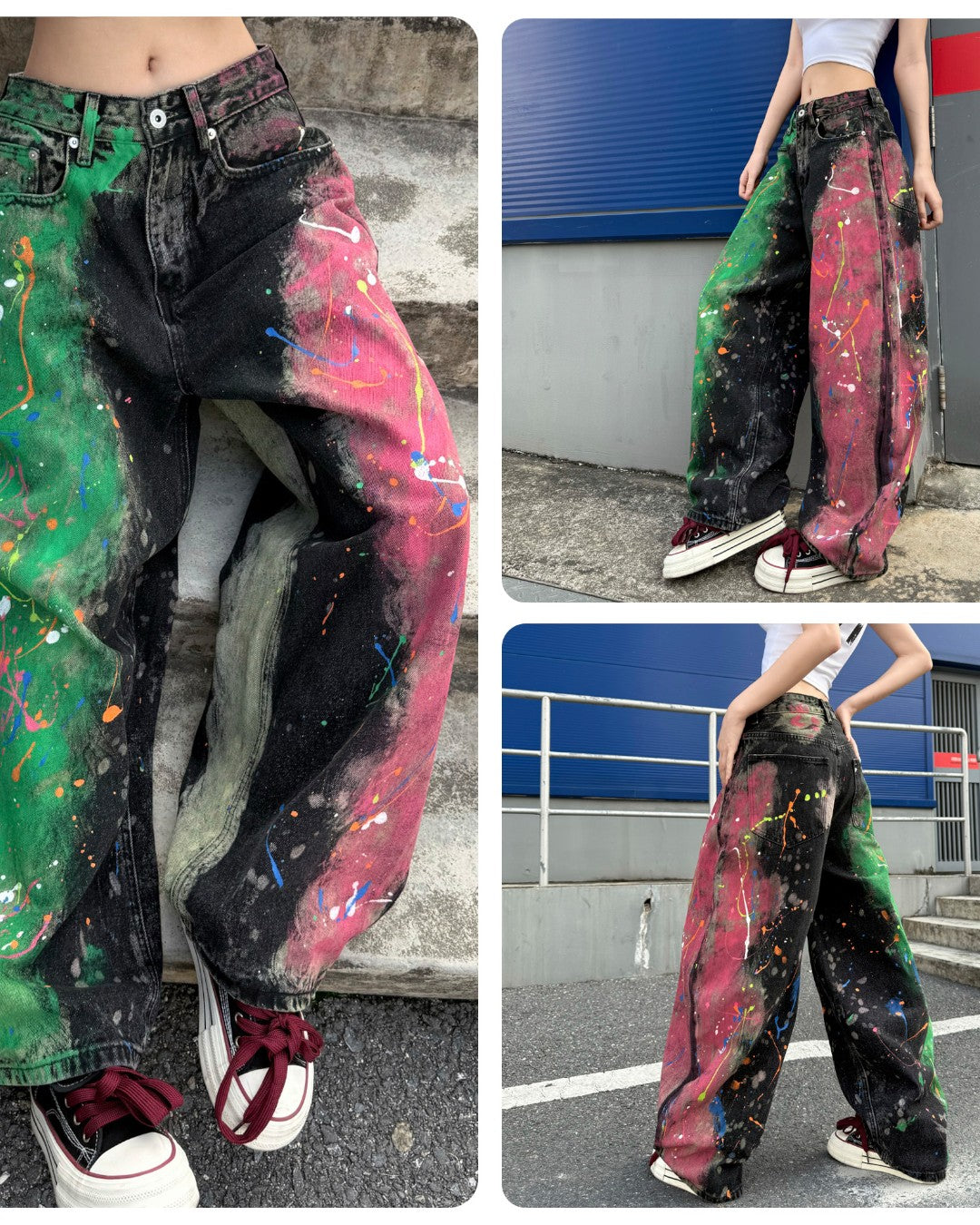 STEP BLOCK MT077 Contrast Split Paint Splatter Baggy Jeans
