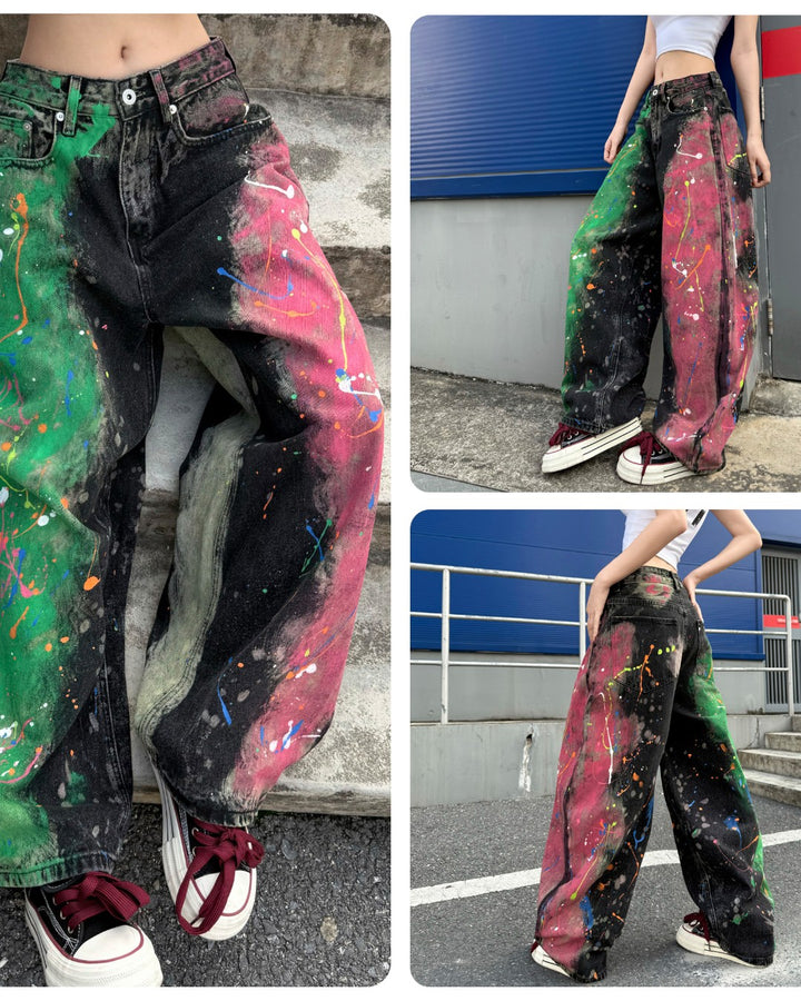 STEP BLOCK MT077 Contrast Split Paint Splatter Baggy Jeans