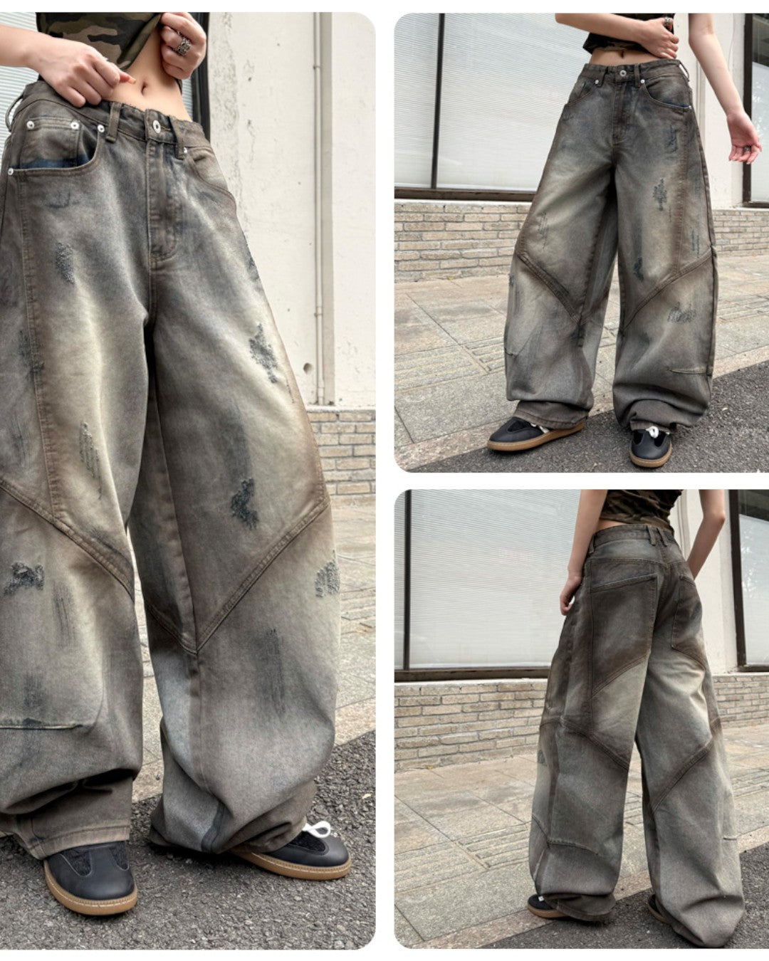 STEP BLOCK MT060 Vintage Washed Grunge Baggy Jeans - Earth Tone