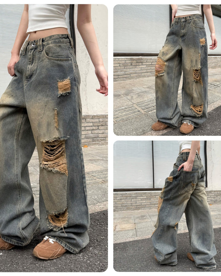 STEP BLOCK MT063 Dirty Washed Distressed Baggy Jeans - Grunge Style