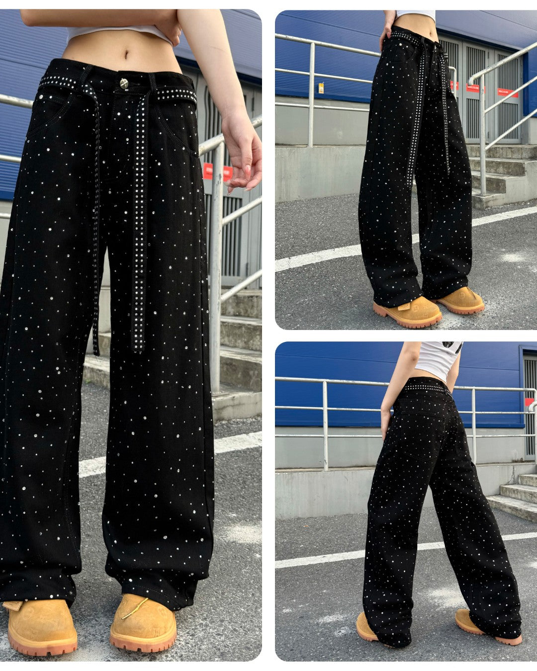 STEP BLOCK MT079 Rhinestone Studded Baggy Jeans - Black Denim