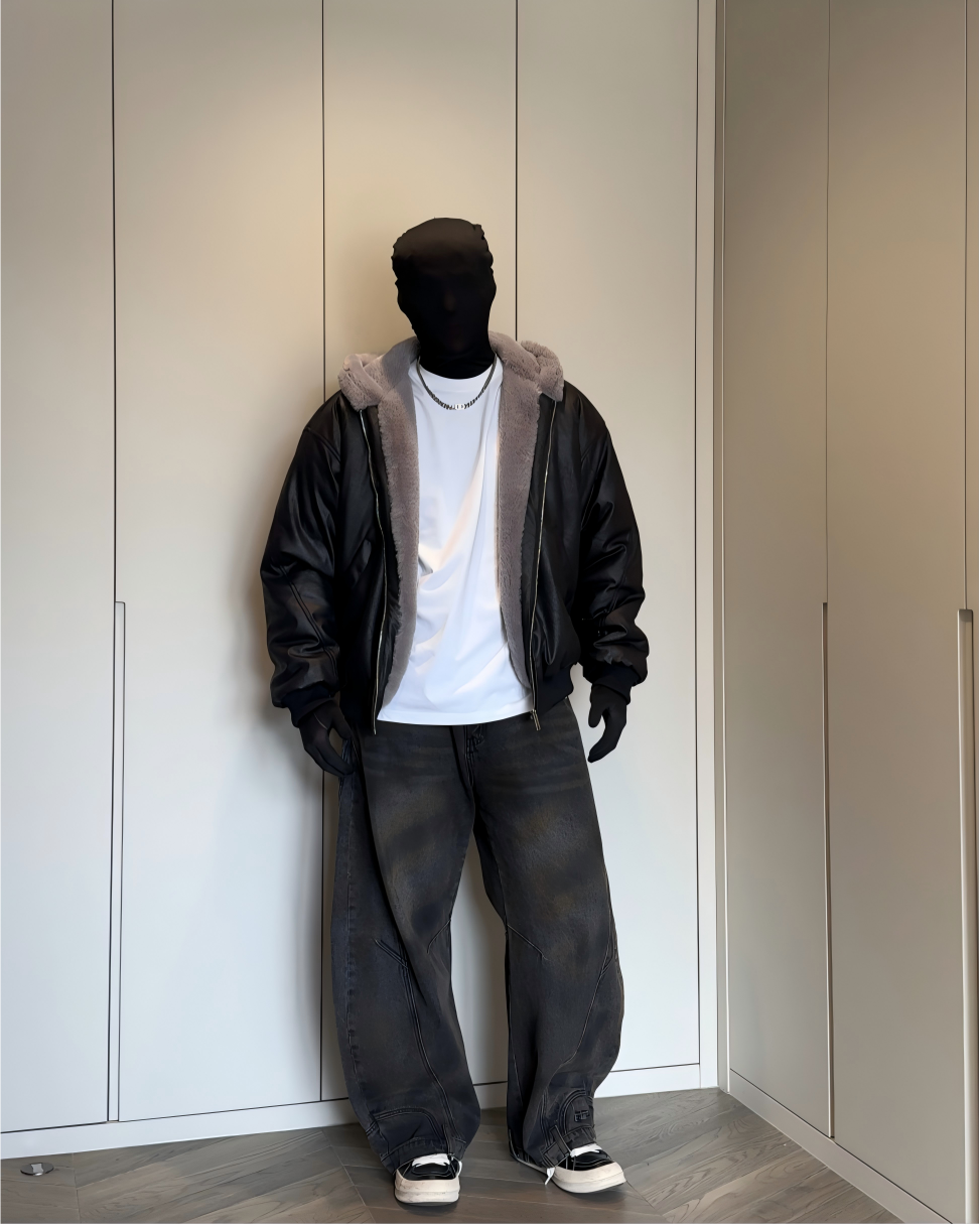STEP BLOCK ST047 Reversible Shearling Lined Faux Leather Hooded Bomber Jacket