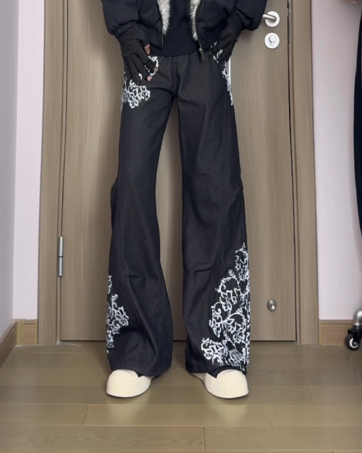 Floral Embroidered Black Baggy Jeans