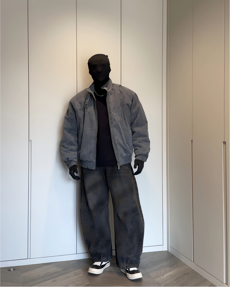 STEP BLOCK ST035 Washed Distressed Oversized Bomber Jacket