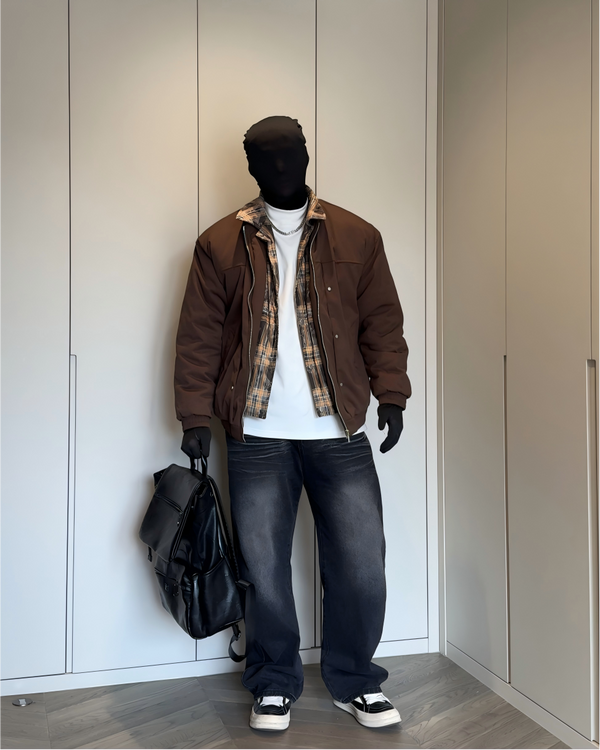 STEP BLOCK ST027 Plaid Lined Stand Collar Oversized Workwear Jacket