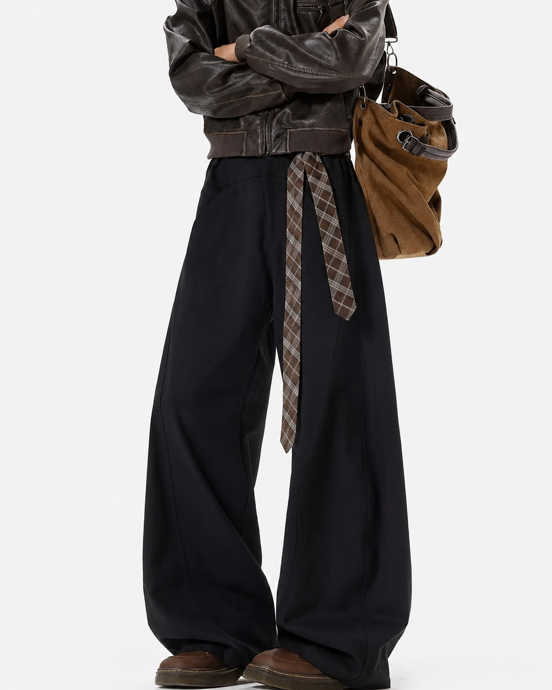 Close-up detail of Belted Wide Leg Drape Pants