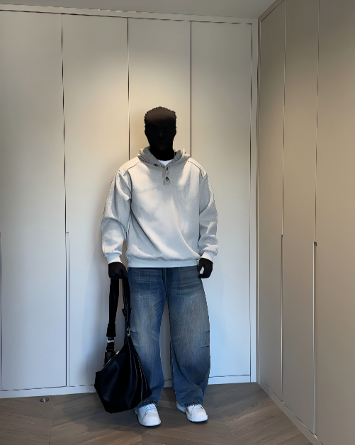 STEP BLOCK ST054 Minimalist Henley Neck Oversized Pullover Hoodie