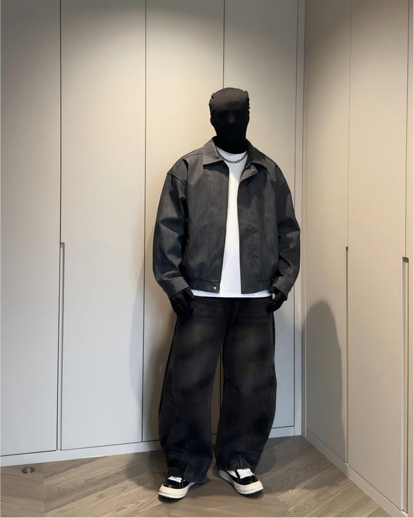 STEP BLOCK ST022 Washed Oversized Stand Collar Bomber Jacket