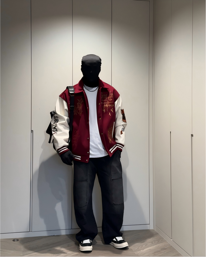 STEP BLOCK ST060 Embroidered Graphic Ribbed Collar Varsity Baseball Jacket