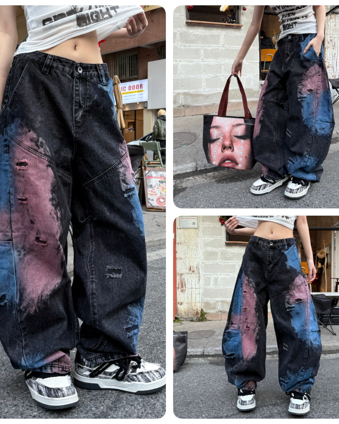 STEP BLOCK MT082 Abstract Face Print Patchwork Baggy Jeans