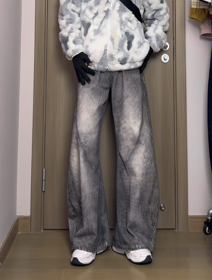 Grey Washed Baggy Flare Jeans