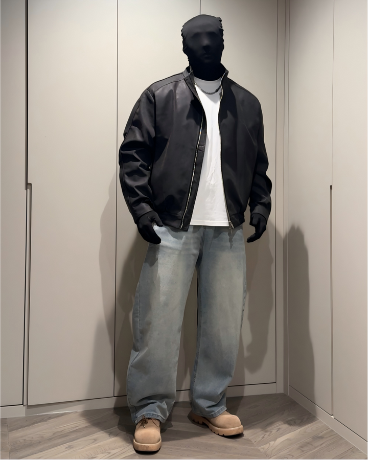 STEP BLOCK ST008 Washed Faux Leather Stand Collar Zip-Up Jacket