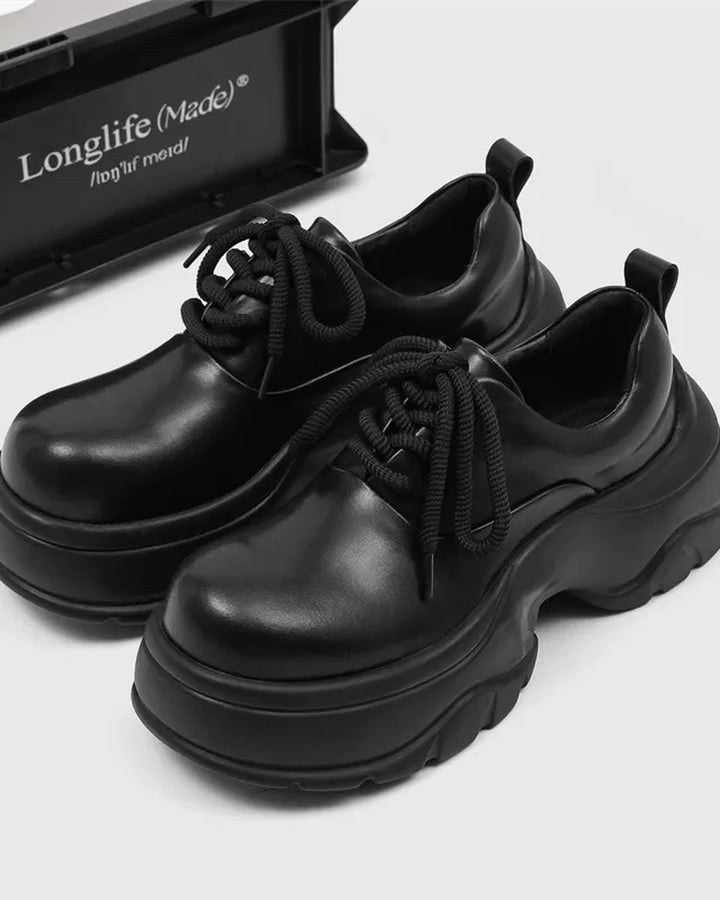 Close-up sole detail of Black Leather Chunky Platform Shoes