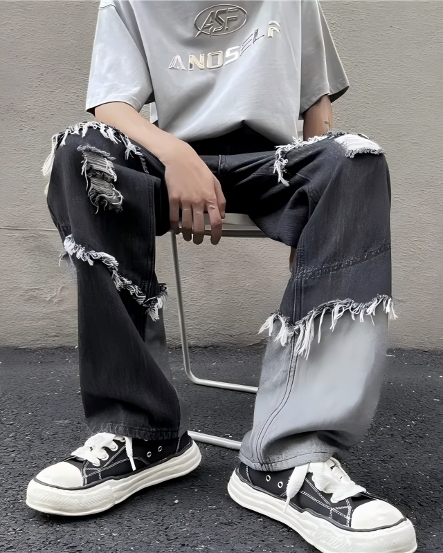 STEP BLOCK MT027 vintage washed distressed patchwork baggy jeans